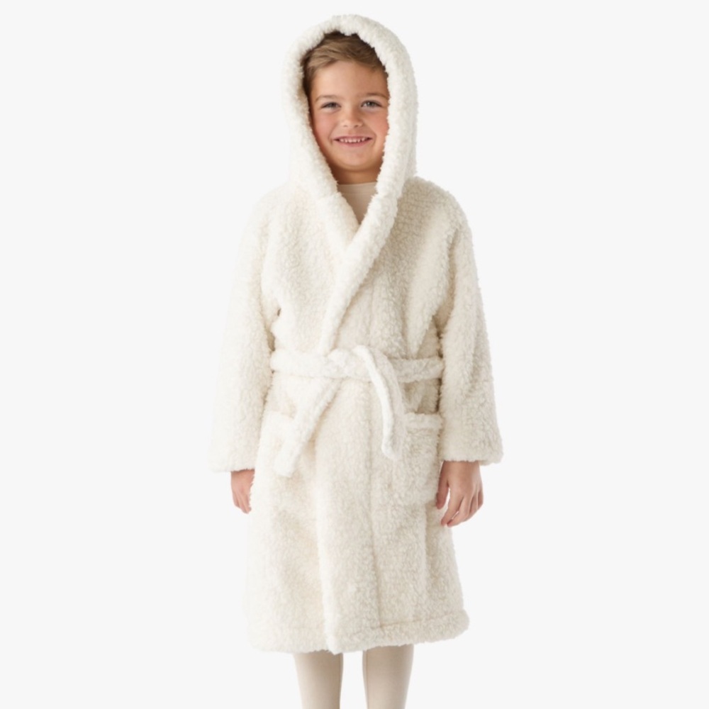 Pottery Barn Kids Cozy Cream Sherpa Kids Robe - Hooded Plush Bathrobe Size 2T-3T